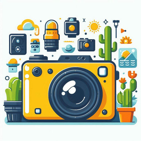 Vector illustration of yellow photo camera with different icons on white background.のイラスト素材