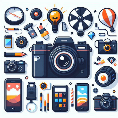 Photography and photography flat icons set. Vector illustration of camera, camera, mobile phone, camera, flash, lens, tripod, lightbulb, camera, video camera and other equipmentのイラスト素材