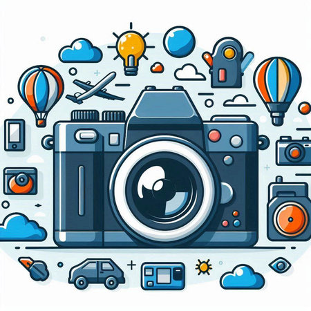 Vector illustration of a flat line art design of a camera, air balloon, car, cloud and other elements.のイラスト素材