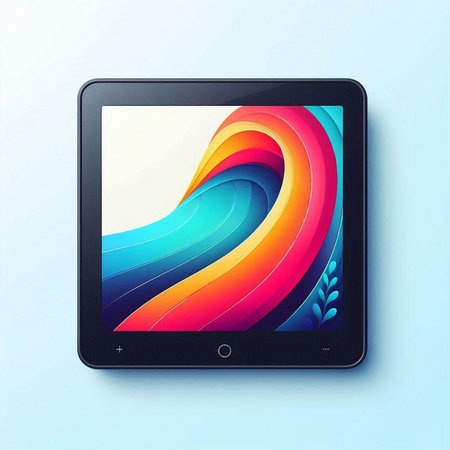 Tablet PC with colorful abstract design on blue background. Vector illustration.のイラスト素材