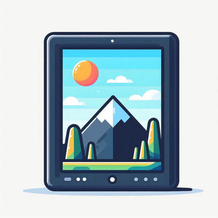 Tablet computer with mountains and sun. Vector illustration in cartoon styleのイラスト素材