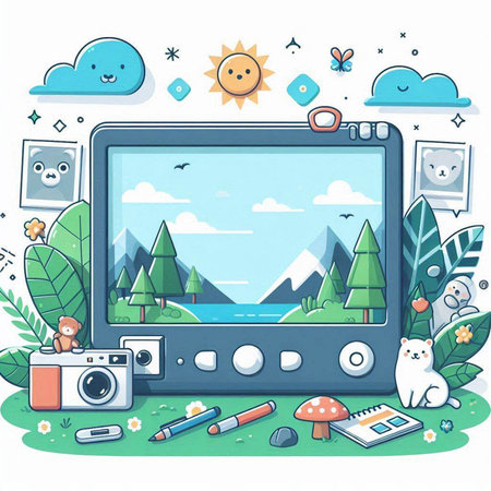 Illustration of digital tablet with nature landscape on screen. Vector illustrationのイラスト素材