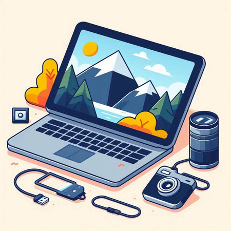 Vector illustration of Laptop with images of mountains, sun, camcorder and camera.のイラスト素材