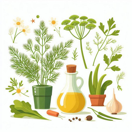 Dill, parsley, garlic, dill, parsley, dill. Vector illustrationのイラスト素材