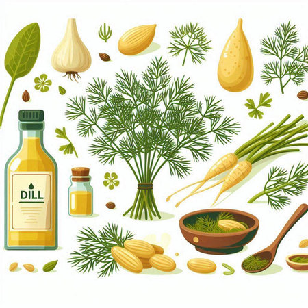 Dill, parsley, garlic and olive oil. Vector illustrationのイラスト素材