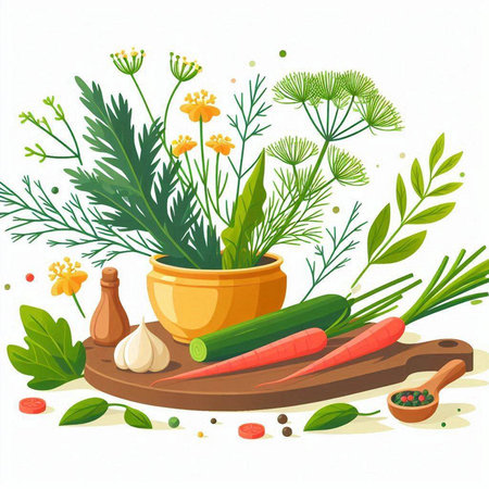 Vegetables and herbs on a wooden board. Vector illustration.のイラスト素材