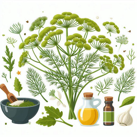 Dill, garlic, olive oil, parsley, dill, dill, parsleyのイラスト素材