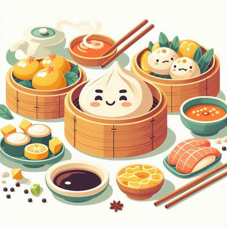 Vector illustration of Chinese dim sum in bamboo steamer with chopsticksのイラスト素材