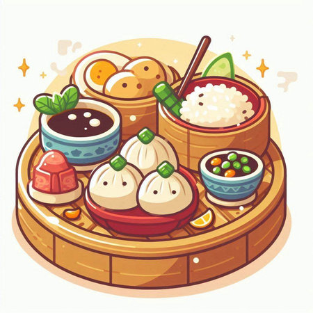 Rice dumplings in bamboo steamer. Vector illustration.のイラスト素材