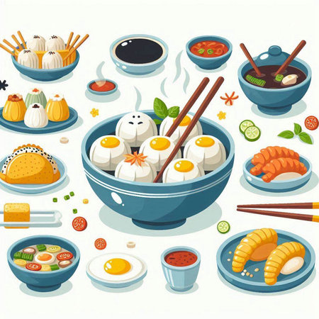 Illustration of japanese food set on white background - vectorのイラスト素材