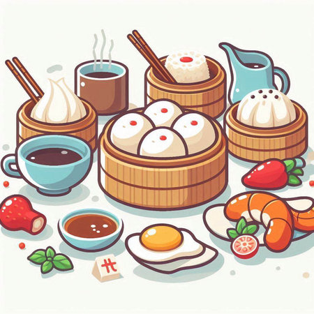 Illustration of Chinese food in bamboo steamer. Vector illustration.のイラスト素材