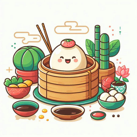 Vector illustration of Chinese dumpling in bamboo steamer. Cartoon style.のイラスト素材