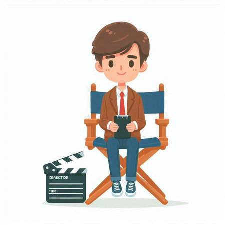 Cinema director sitting on chair with clapperboard. Vector illustrationのイラスト素材