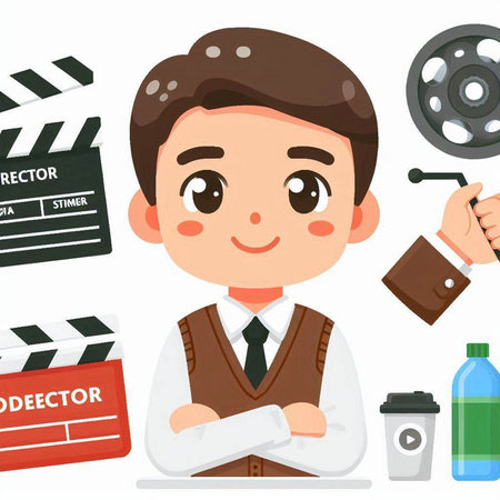 Cartoon man with movie clapper board and camera. Vector illustration.のイラスト素材