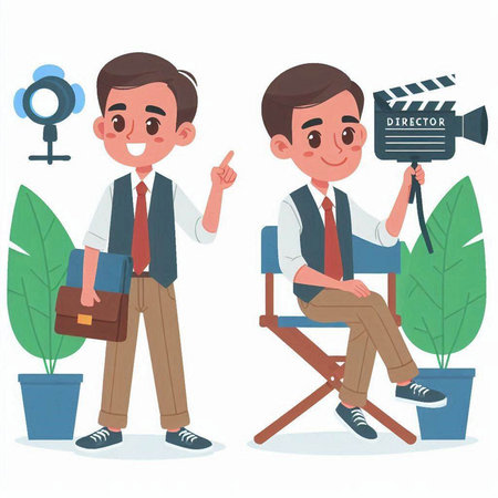 Man and woman with movie clapper. Vector illustration in cartoon styleのイラスト素材