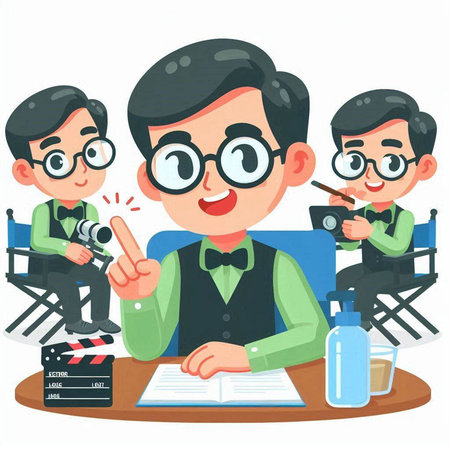 Teacher and student sitting at table and writing in notebook. Vector cartoon illustration.のイラスト素材