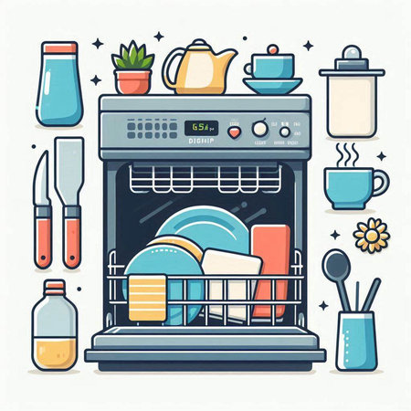 Kitchen utensils and dishwasher. Vector illustration in flat styleのイラスト素材