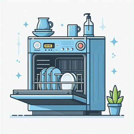 Dishwasher machine with clean dishes in flat style. Vector illustration.のイラスト素材