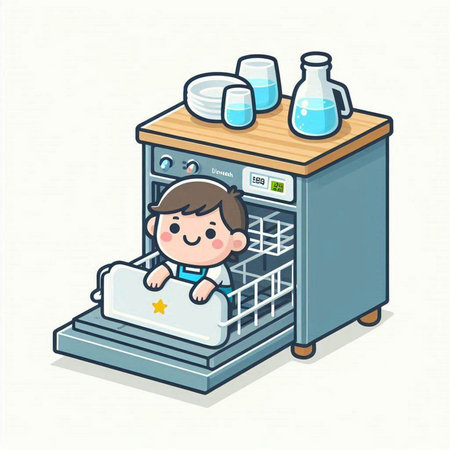 Illustration of a Kid Boy Using a Laundry Machine.のイラスト素材