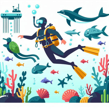 Scuba diving. Underwater world. Vector illustration in flat styleのイラスト素材