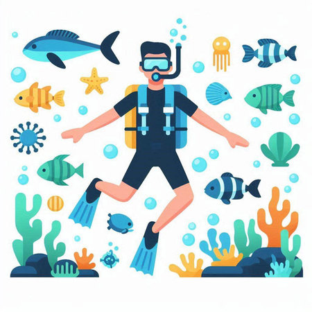 Scuba diving. Underwater life. Vector illustration in flat styleのイラスト素材