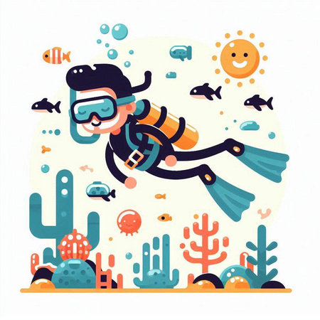 Scuba diving vector illustration. Cartoon scuba diver swimming in the sea.のイラスト素材