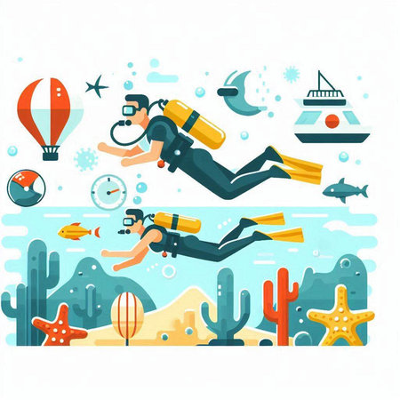 Scuba diving flat vector illustration. Scuba diving in the sea.のイラスト素材