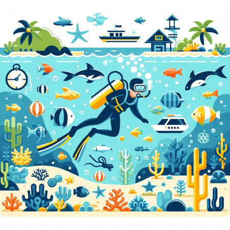 Scuba diving vector illustration. Cartoon scuba diver with flippers.のイラスト素材