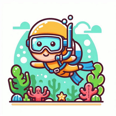 Cute scuba diver with diving mask and snorkel. Vector illustrationのイラスト素材
