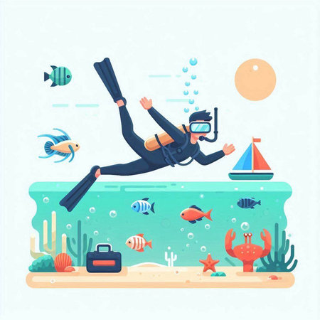Scuba diving. Underwater life. Vector illustration in cartoon styleのイラスト素材