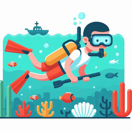 Illustration of a man scuba diving in the sea. Vector illustrationのイラスト素材