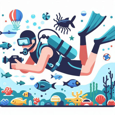 Scuba diving vector illustration. Cartoon scuba diver swimming underwater with equipment.のイラスト素材