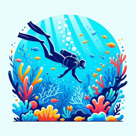 Underwater landscape with a diver and corals. Vector illustration.のイラスト素材