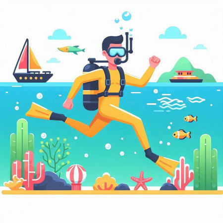 Scuba diver running on the background of the sea, vector illustrationのイラスト素材
