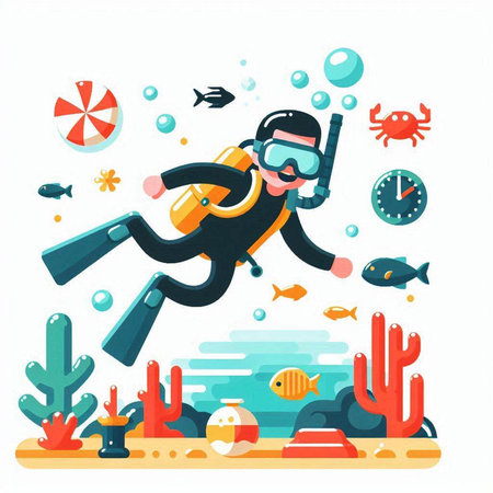 Scuba diving vector illustration. Cartoon scuba diver with mask on coral reef.のイラスト素材
