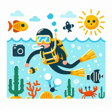Scuba diver with equipment swimming in the sea. Vector illustration.のイラスト素材