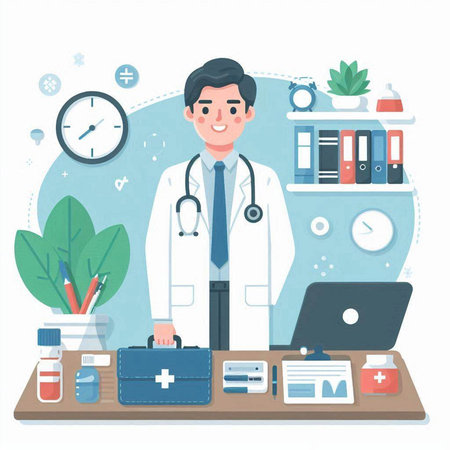 Doctor in the office. Flat style vector illustration on white background.のイラスト素材