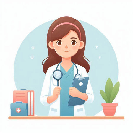 Female doctor with stethoscope and clipboard. Flat vector illustration.のイラスト素材