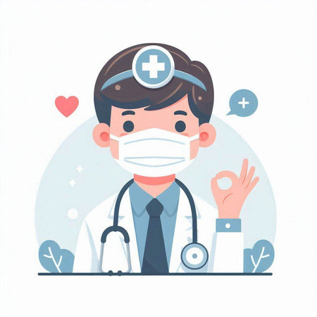 Male doctor in medical mask showing ok sign. Vector flat illustration.のイラスト素材