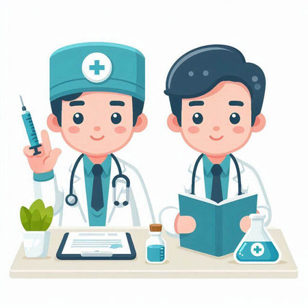 Medical doctor and nurse with stethoscope and syringe vector illustration.のイラスト素材