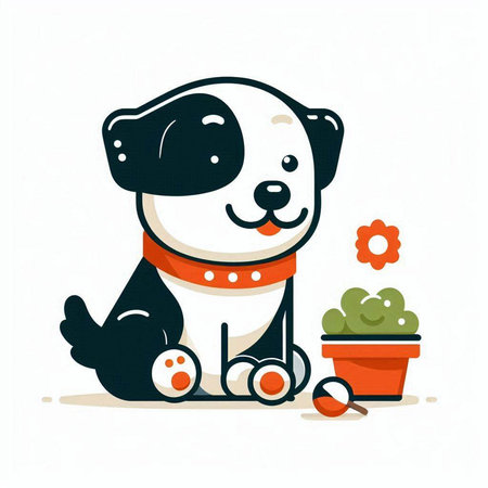 Cute cartoon dog sitting and playing with toys. Vector illustration.のイラスト素材