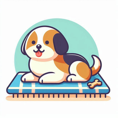 Cute cartoon dog lying on a blanket. Vector illustration in a flat style.のイラスト素材