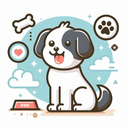 Cute cartoon dog sitting with food bowl on white background. Vector illustration.のイラスト素材