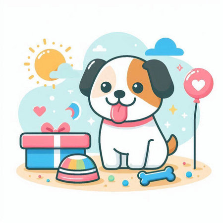 Cute dog with gift box. Vector illustration in cartoon style.のイラスト素材
