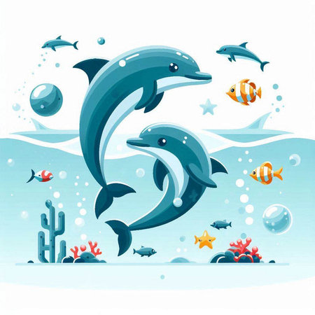 Dolphin swimming in the sea. Underwater world. Vector illustration.のイラスト素材