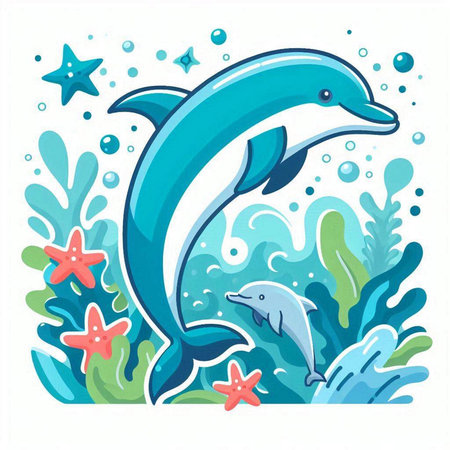 Cute dolphin with starfish and seaweed. Vector illustration.のイラスト素材