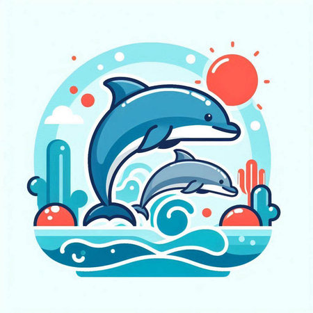 Dolphin jumping out of water. Vector illustration in flat style.のイラスト素材
