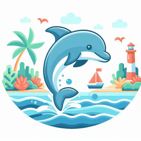 Cartoon dolphin jumping out of the water on the beach. Vector illustrationのイラスト素材