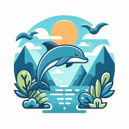 Vector illustration of dolphin on the background of the lake and mountains.のイラスト素材