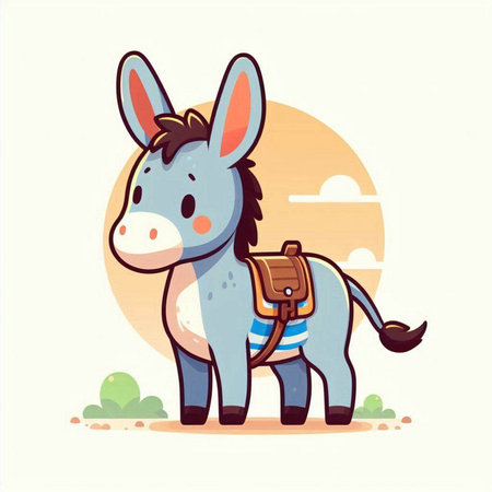 Cartoon funny donkey with backpack. Vector illustration of cute donkey.のイラスト素材